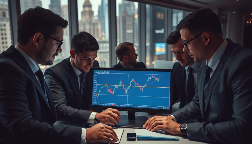 Traders analyzing pivot points Traders analyzing pivot points